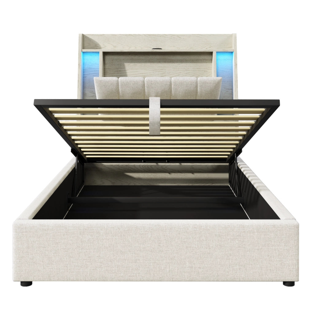 Letto imbottito 90x200 cm con LED e porte USB-C, beige