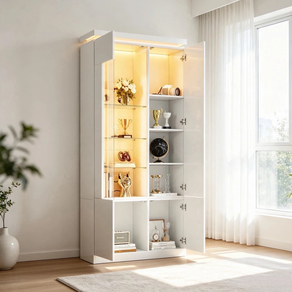 Vetrina 80x35x180 cm con illuminazione LED Bluetooth in MDF bianco