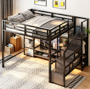 Letto a soppalco ULEVR 140x200 cm con supporto TV, presa integrata e scala, metallo e MDF nero
