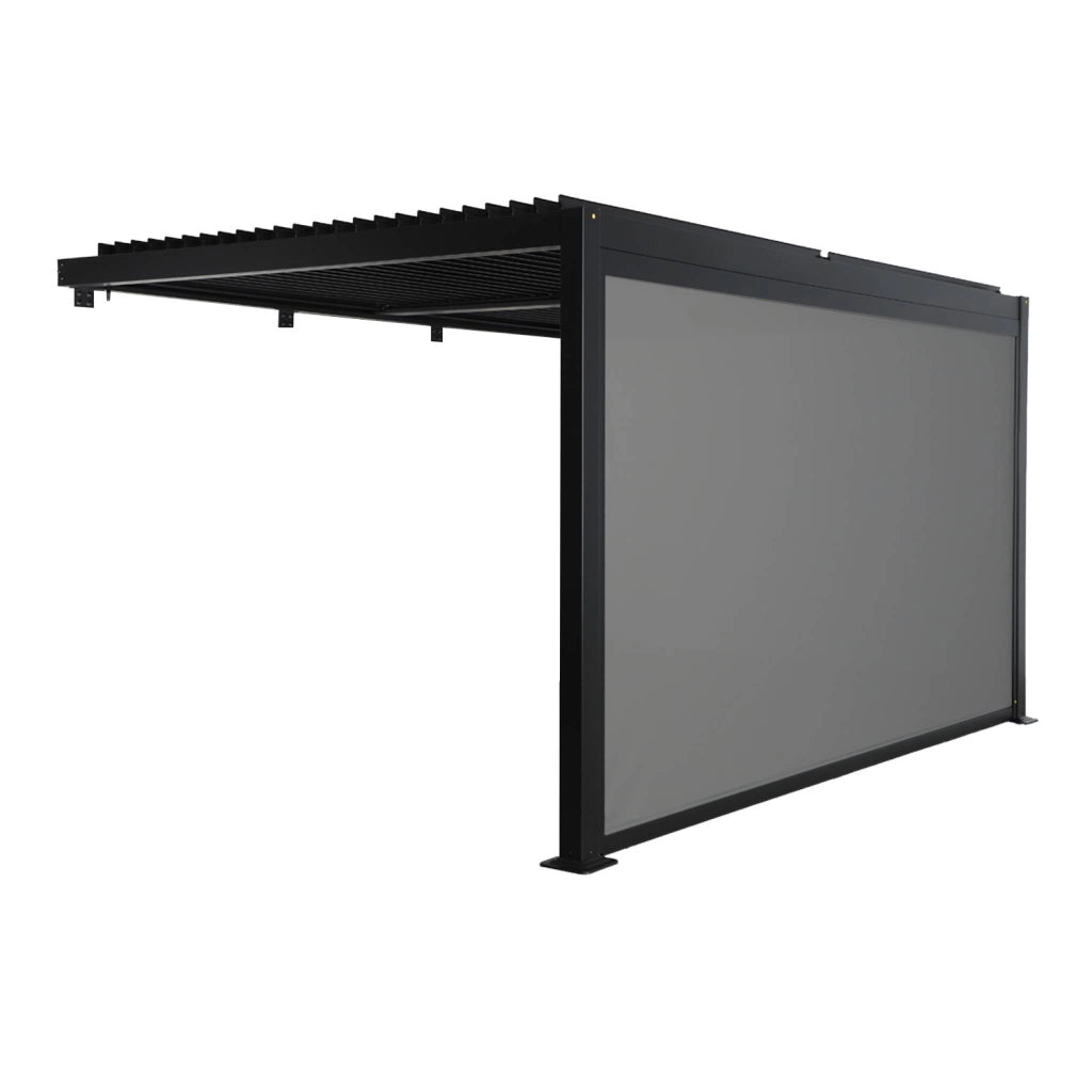 Pergola bioclimatica in alluminio addossata 4x3m + 1 tenda 4m , nero