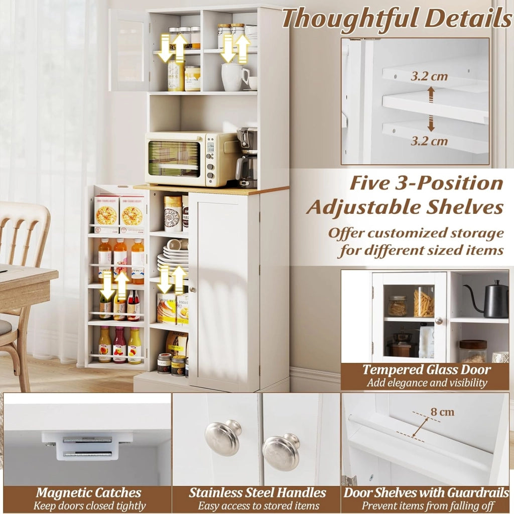 Credenza Alta da Cucina 170 cm con Ripiani Regolabili, Fori per Cavi, Porta in Vetro Temperato, Mobile Buffet per Soggiorno, Sala da Pranzo, 60 x 35 x 170 cm, Bianco