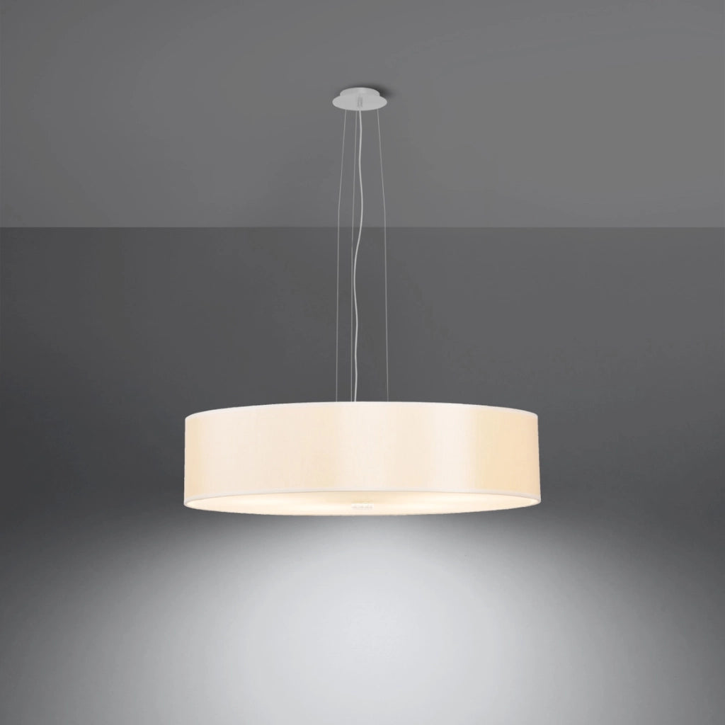 Lampadario rotondo a 5 luci serie SKALA in tessuto bianco, vetro e acciaio, 50 cm