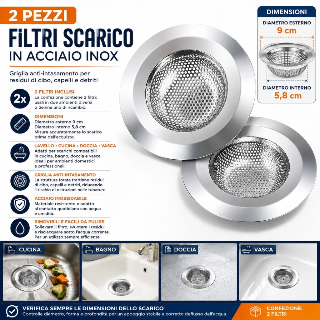 2 Filtri Scarico Lavello Acciaio Inox Ø9 cm Anti-Intasamento 79532