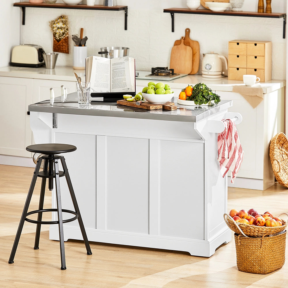 SoBuy | Isola cucina pieghevole in bianco | Carrello cucina a 4 ruote | Cucina a penisola con 2 porte | 128.0x71.0x91.0 cm | Capacità di carico 94 kg | FKW41-II-ST