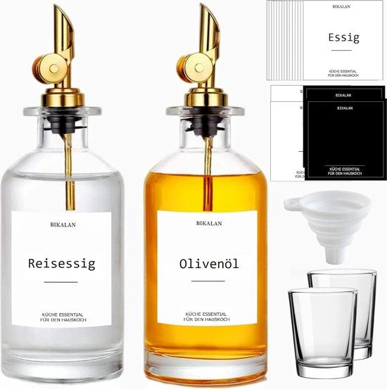 Set di Flaconi per Aceto e Olio per la Cucina, Flacone di Olio di Oliva, Distributore di Olio, Siroppo di Caffè, Dispensatore di Acqua Boccale per la Stanza da Bagno con 22 Etichette, 2 Tazze, Vaschette, 2 Pacchi d'Oro.