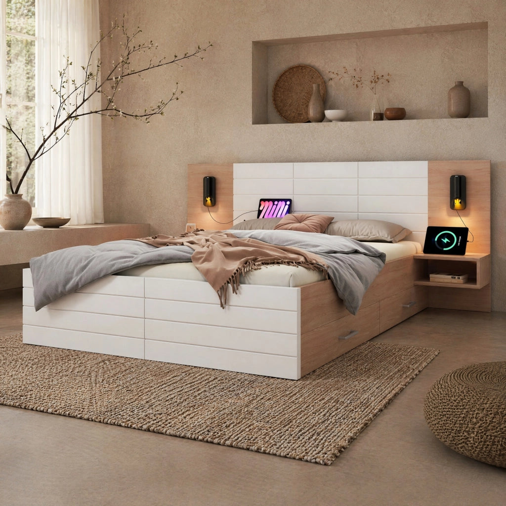 Letto matrimoniale 140x200 cm in legno e MDF bianco e quercia con lampada da lettura e USB