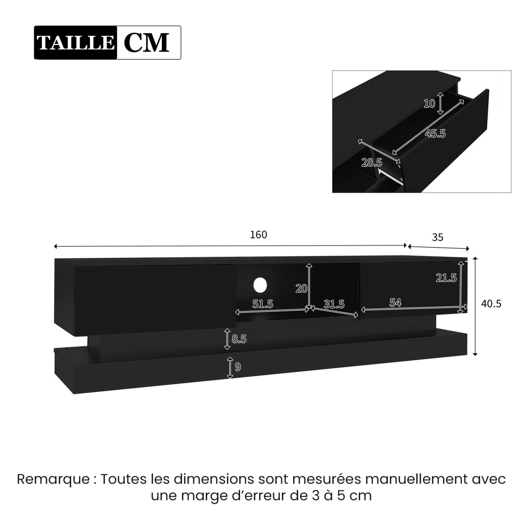Mobile TV con 2 Cassetti e LED Controllato tramite App; Nero Lucido; 160??35??40;5 cm; in Pannelli Truciolari