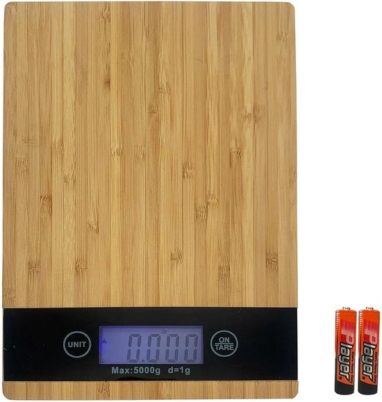 Ponderatore Digitale in Bambù con Sensore Touch e LCD 5kg D=1g con Funzione di Taratura e Batterie