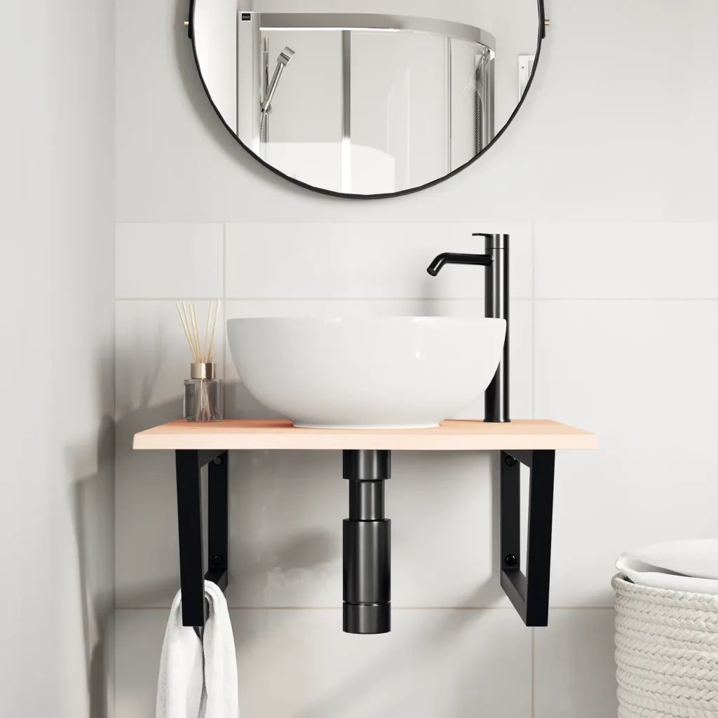 Ripiano a Parete per Lavabo-Mensole a Muro in Acciaio e Massello di Rovere 899972