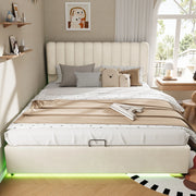 Letto 140x200 cm con contenitore idraulico; 3 cassetti e LED in velluto beige