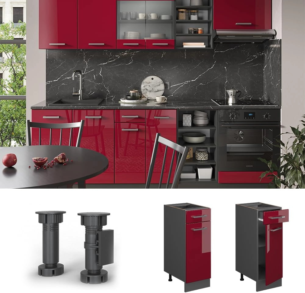 Mobiletto base per cucina R-Line, Rosso lucido, 30 cm senza piano di lavoro, per la libera combinazione all'interno di sistemi cucina modulari
