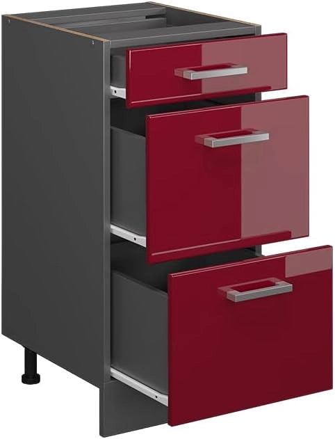 Mobiletto base per cucina R-Line, Rosso lucido, 40 cm con cassetti, senza piano di lavoro, per la libera combinazione all'interno di sistemi cucina modulari