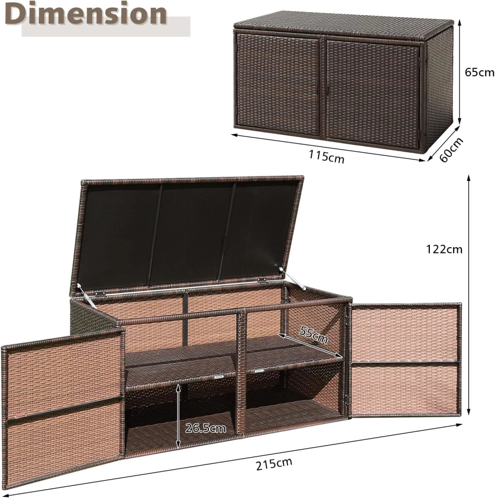 Cassapanca Contenitore da Esterno da 330L in Rattan, Telaio in Acciaio, Baule da Giardin Resistente ai Raggi UV, Mobile Balcone Impermeabile a 2 Ripiani per Cortile, 115x60x65 cm (Marrone)