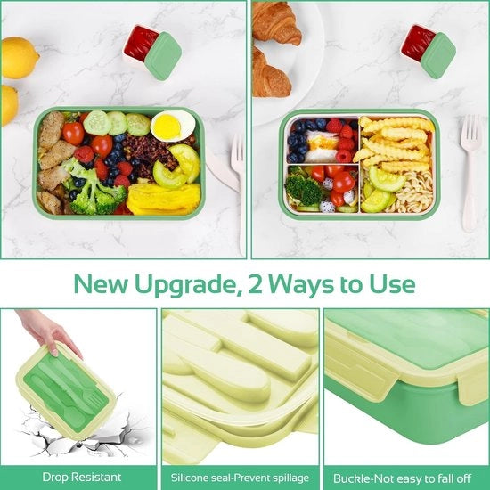 Lunchbox per adulti e bambini, 1400 ml, con 3 contenitori, inclusa la posateria, la snackbox è adatta per magnetron e lavastoviglie, per scuola, lavoro, picnic e viaggi.