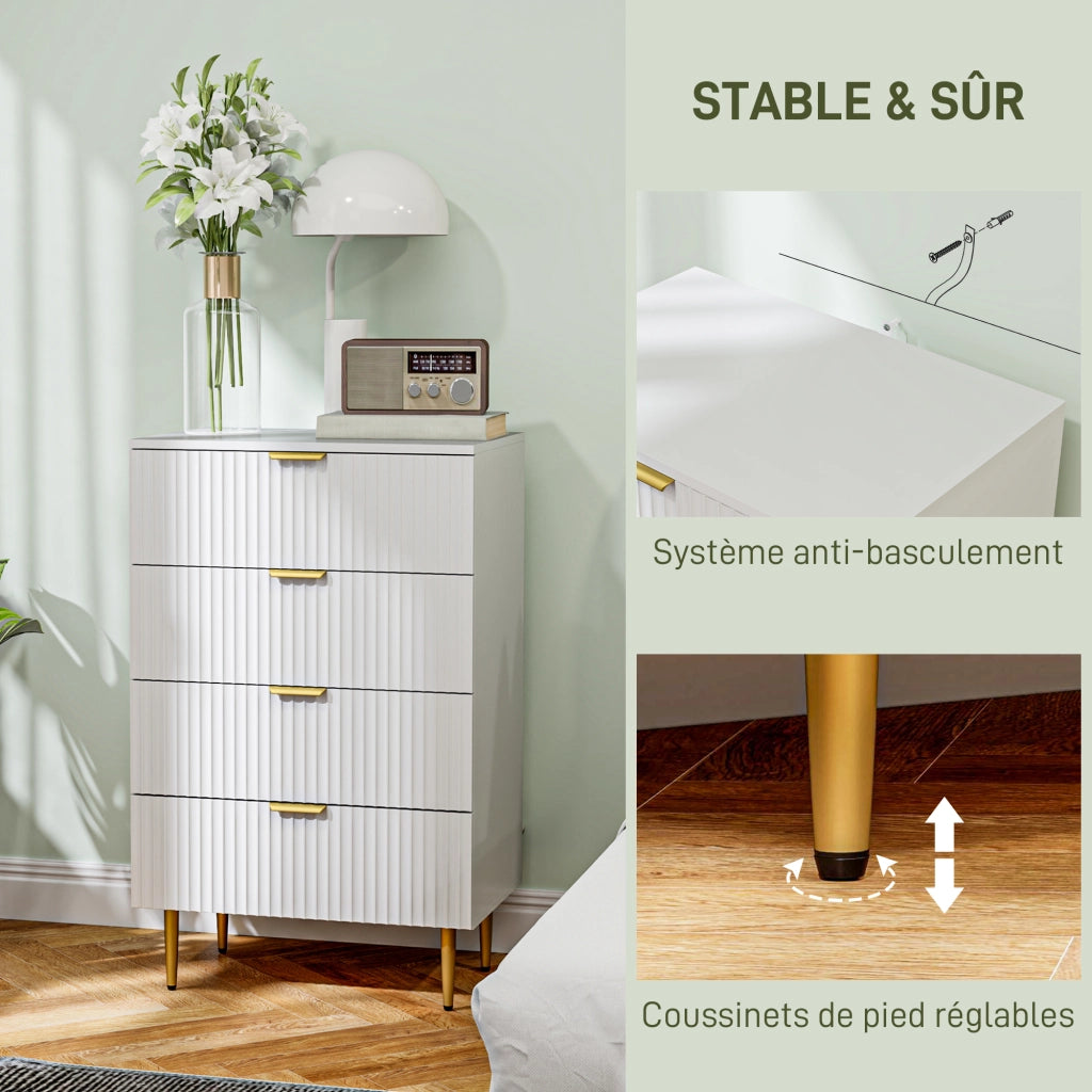 Cassettiera 4 cassetti ¨C Xylo ¨C bianco con maniglie e piedi dorati 60x40x96 cm