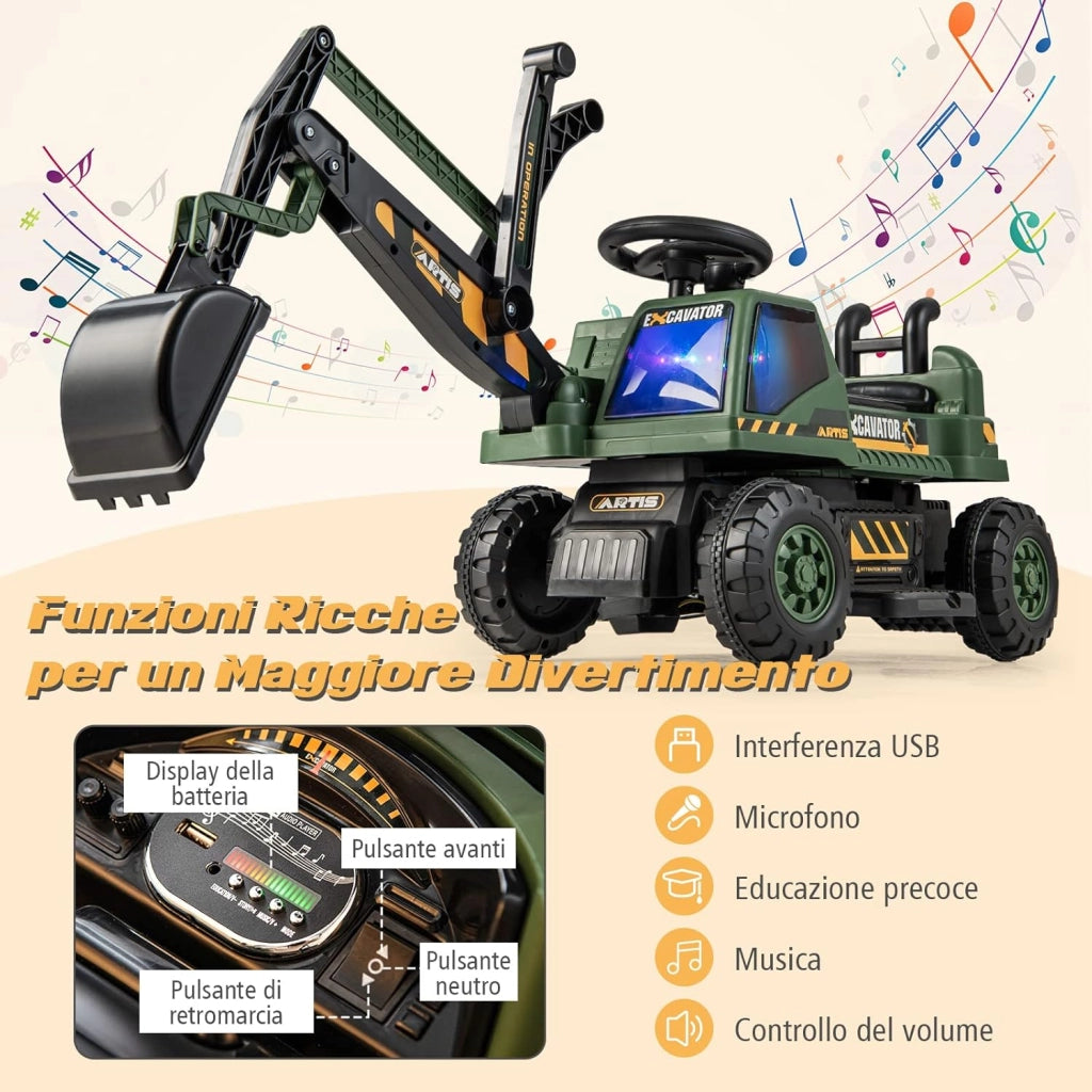 Escavatore Cavalcabile per Bambini, Ruspa Cavalcabile con Sedile Scomparto Portaoggetti, Funzione di Musica e di Educativa, Regalo per Bambini 3 Anni+ (Verde)