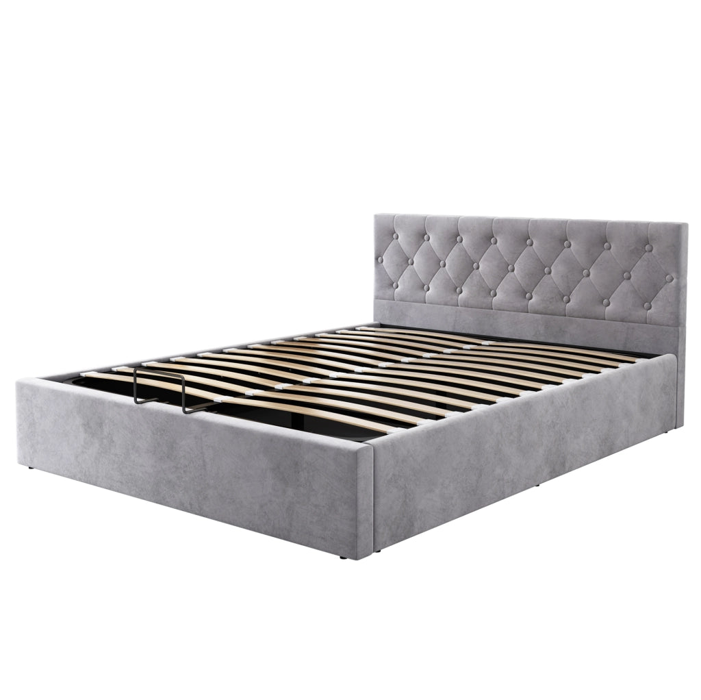 Letto matrimoniale 140x200 cm in velluto grigio con testiera capitonn茅 e contenitore idraulico