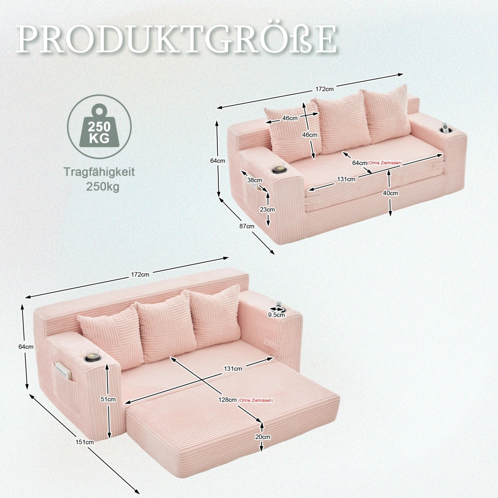 Divano tre posti in velluto a coste rosa; modulare salvaspazio con porta bicchieri