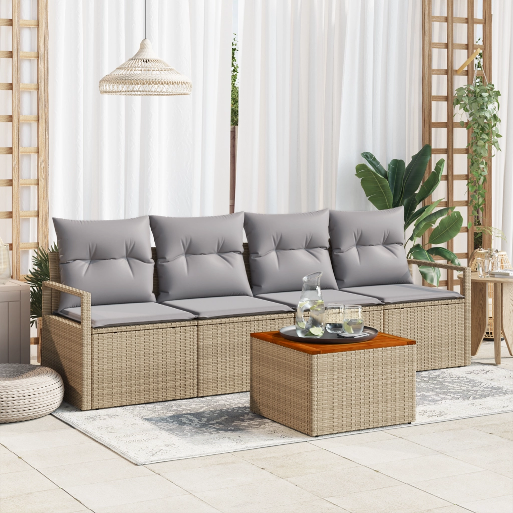 Set di divani da giardino a 5 pezzi  con cuscini Beige Polyrattan Acacia