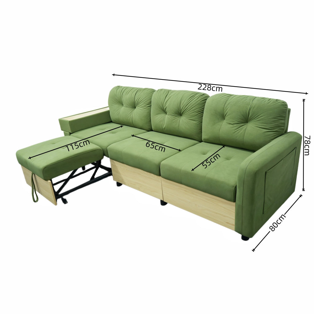 Divano angolare modulare con chaise longue estraibile, USB e spazio contenitore in velluto verde per soggiorno