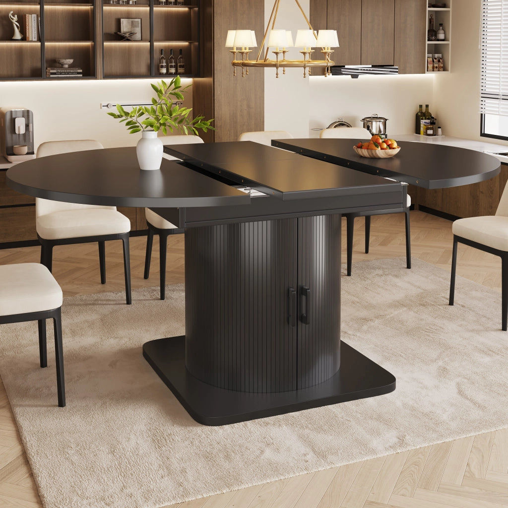 Tavolo da pranzo allungabile con contenitore, ripiani estraibili e portabicchieri, in MDF e metallo, nero