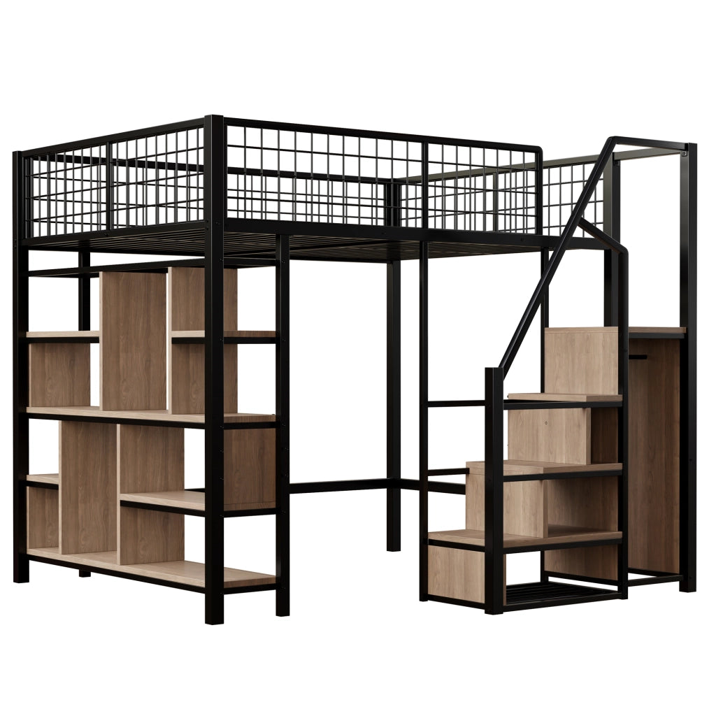 Letto a castello nero in metallo e legno con funzione contenitiva 140x200 cm
