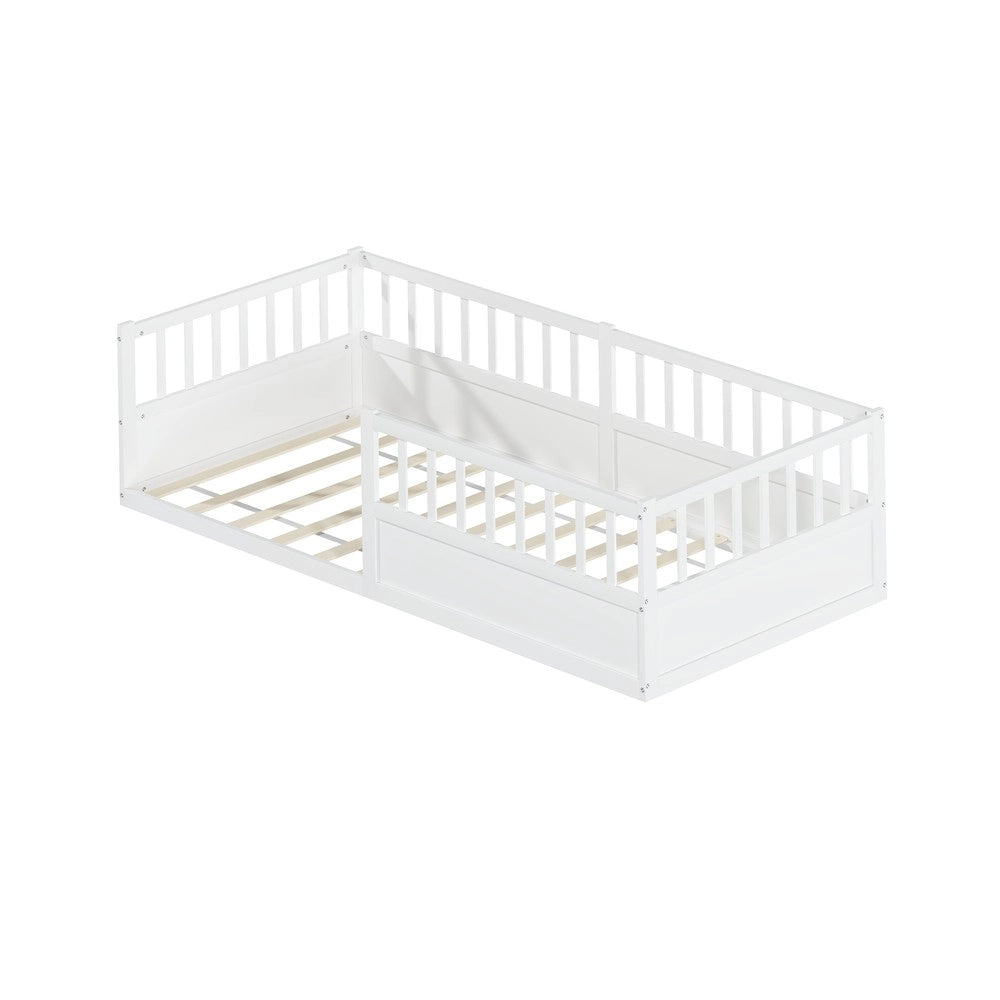 Letto Montessori per Bambini in Pino ¨C MINIMAL ¨C 90x200 Bianco, Rete a Doghe, Sponda