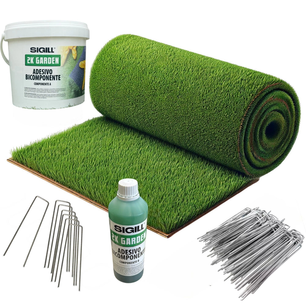Rotolo prato erbabella 2 mt x 10 mt fili 45 mm 40 picchetti adesivo bicomponente