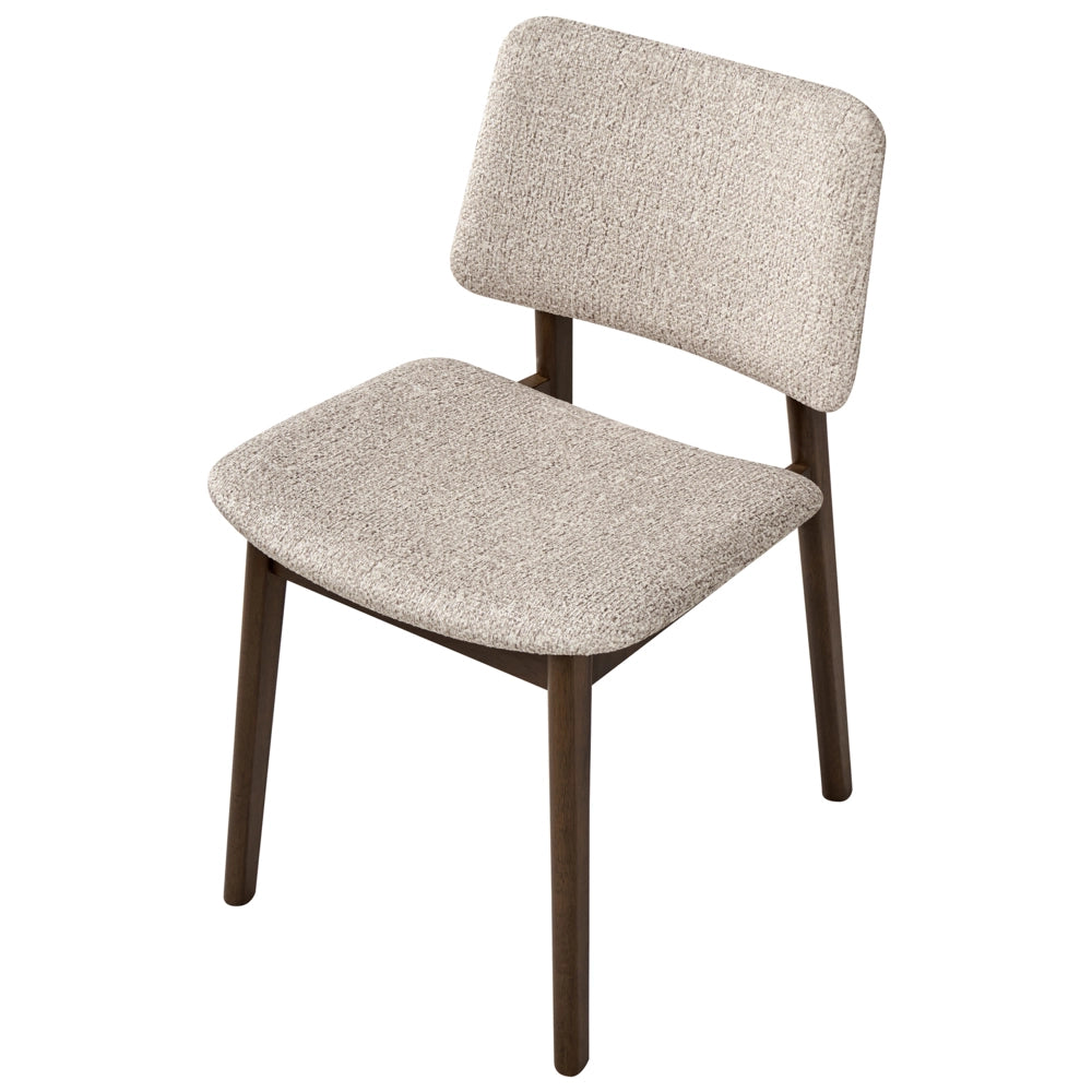 Set di 2 sedie da pranzo marrone scuro e tortora con struttura in legno di gomma e seduta bouclé, design retrò senza braccioli