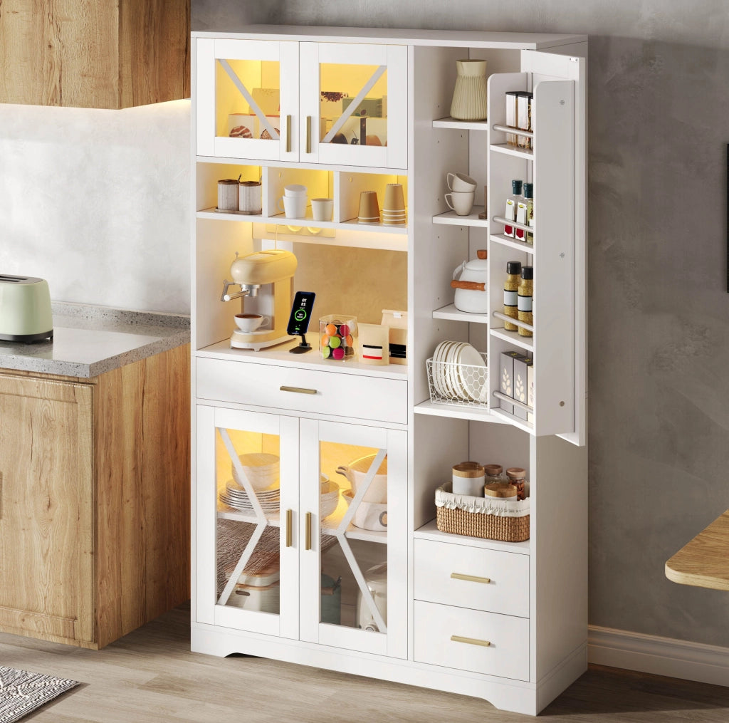 Credenza alta con LED e prese, 105x40x185 cm, bianca