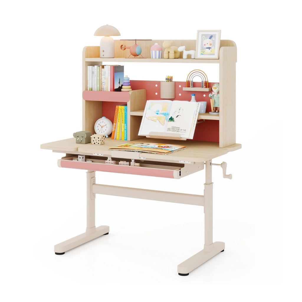 Tavolo da studio regolabile in altezza con piano inclinabile mensole, Scrivania per bambini con libreria e cassetto Rosa-Tavoli e sedie