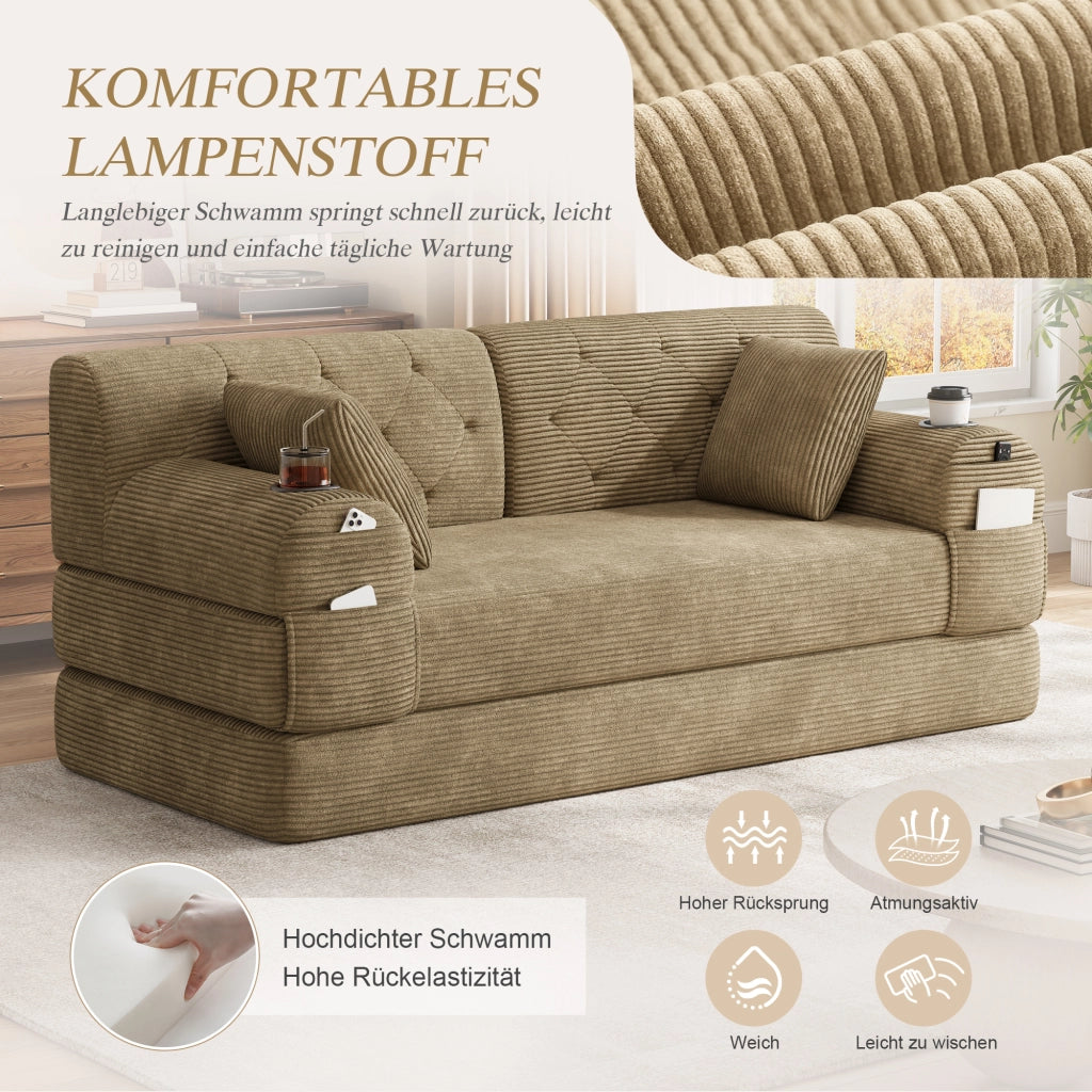 Divano letto 2 posti con schienale alto, tasche laterali e portabicchieri in velluto a coste khaki 168 × 80 × 81 cm