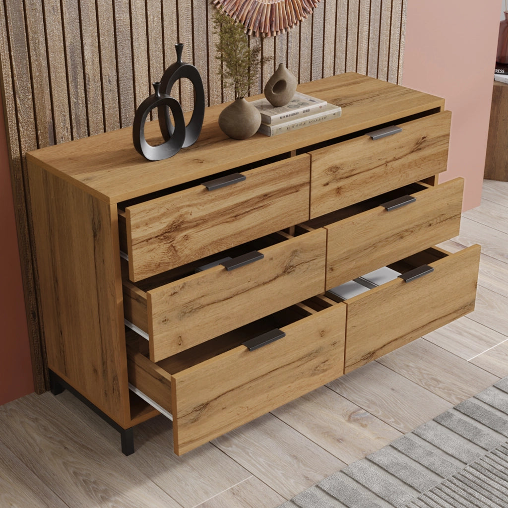 Cassettiera con 6 cassetti 120 x 40 x 76 cm, effetto rovere scuro, struttura in truciolare e metallo