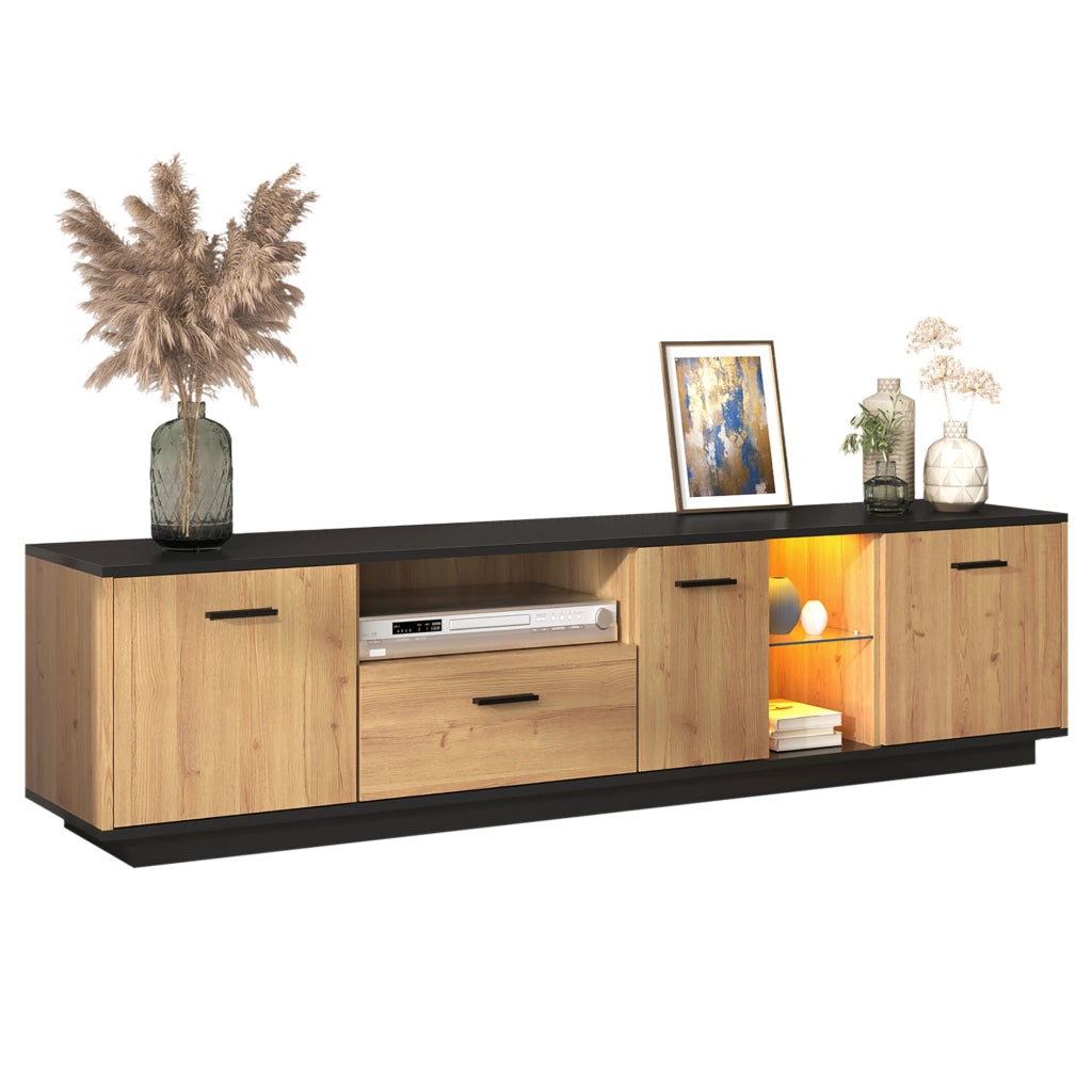 Mobile TV con Cassetto, 3 Ante e Vetro ¨C Xylo ¨C Nero, Legno Naturale, LED