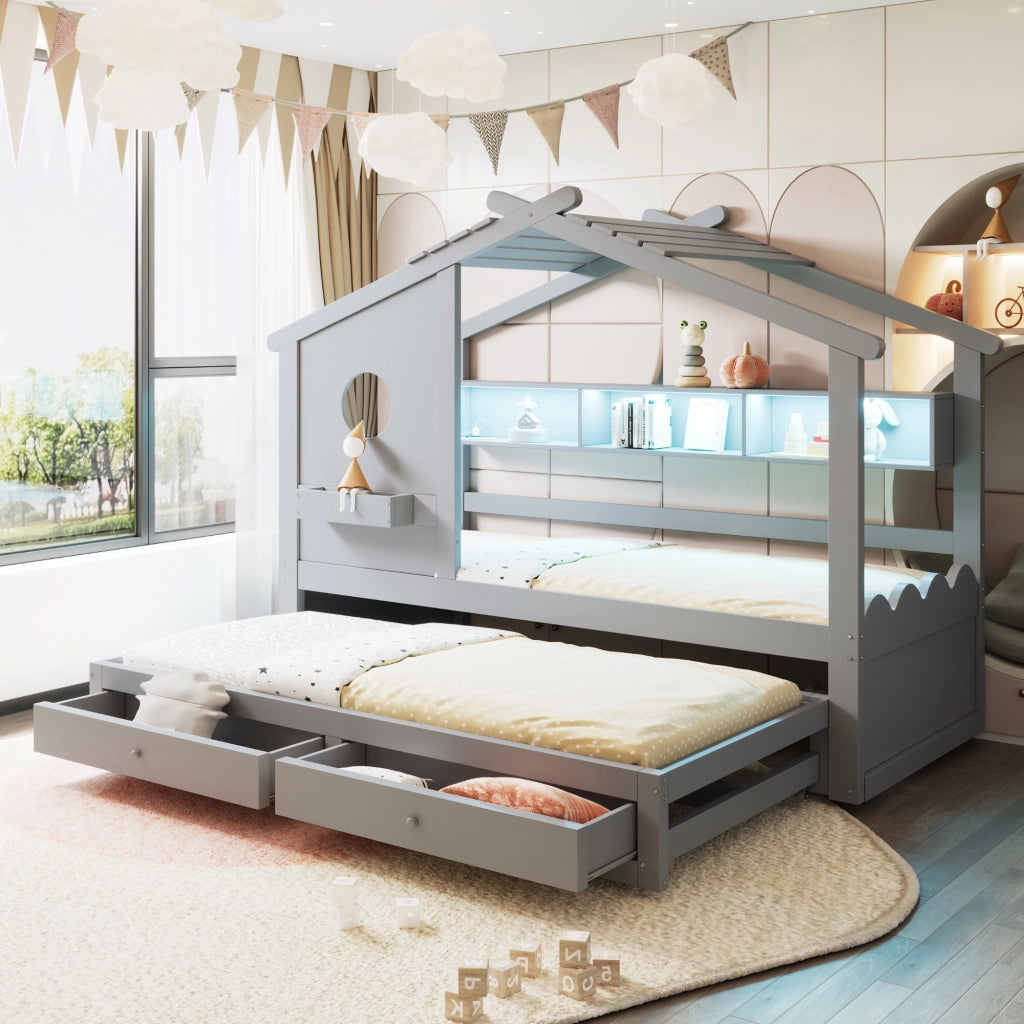 Letto Singolo con Letto Estraibile e LED ¨C MINIMAL ¨C Grigio, 90x200, con Cassetti e USB