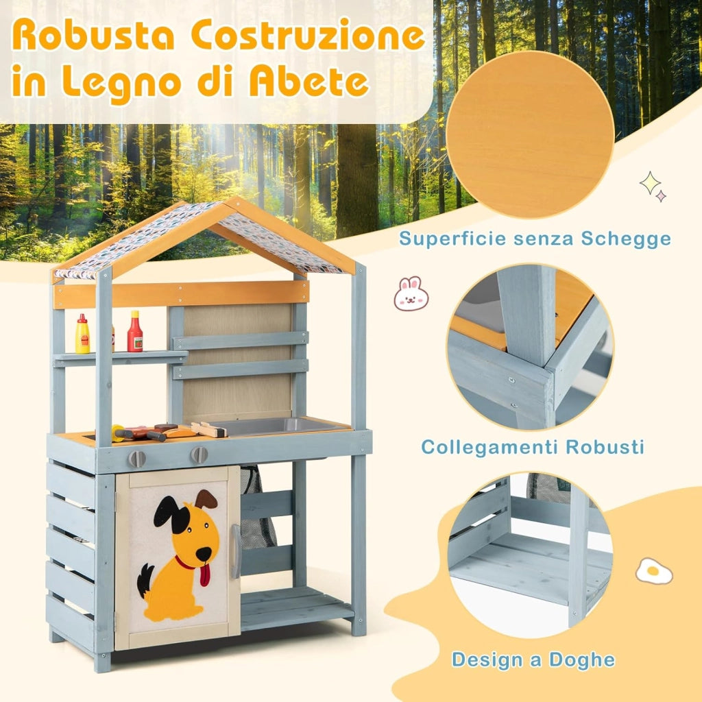 Cucina Giocattolo per Giardino con Negozio e Barbecue 3 in 1, Cucina per Bambini in Legno di Pino con Griglia, Lavagna, Cesti e Forno, Set Cucina con 12 Accessori, 75 x 34 x 111 cm
