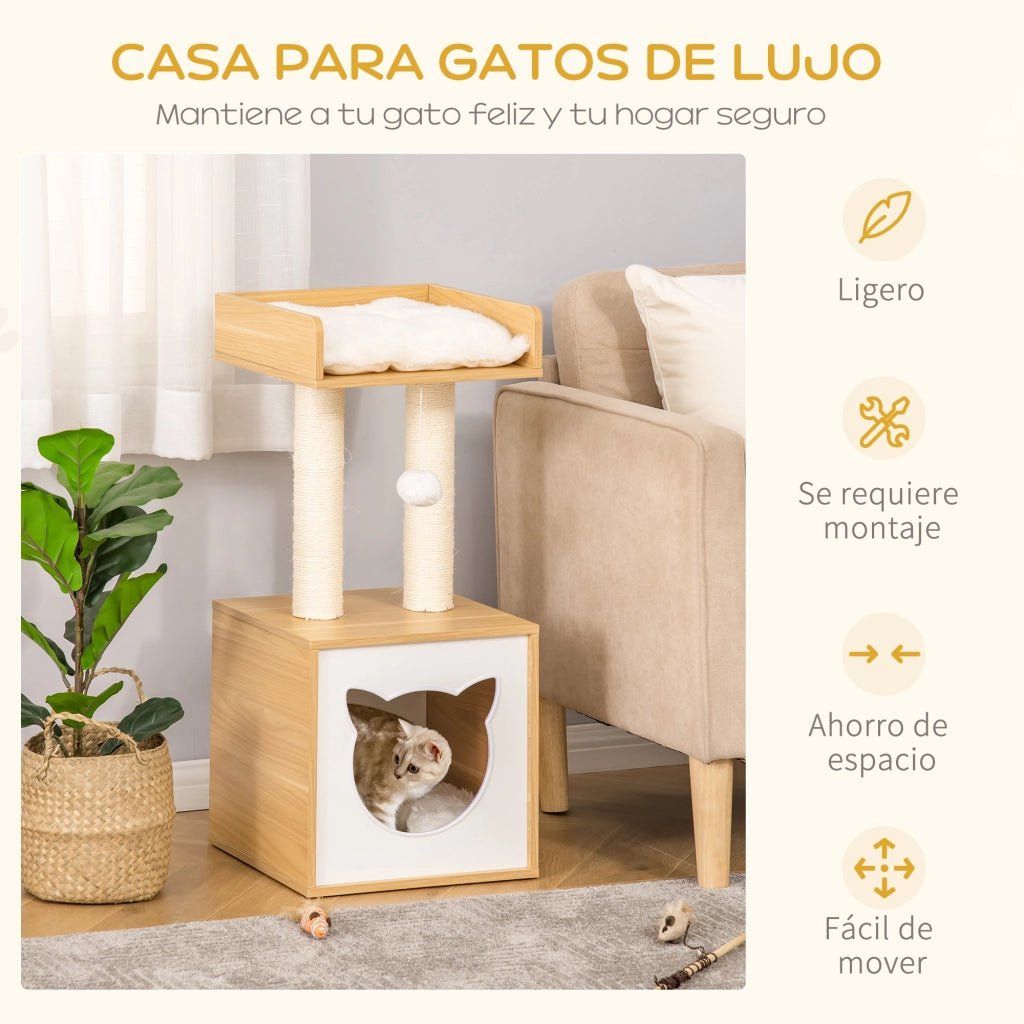 Albero per gatti a 2 livelli con letto e tiragraffi ¨C zephmum ¨C bianco e rovere 35x35x81 cm