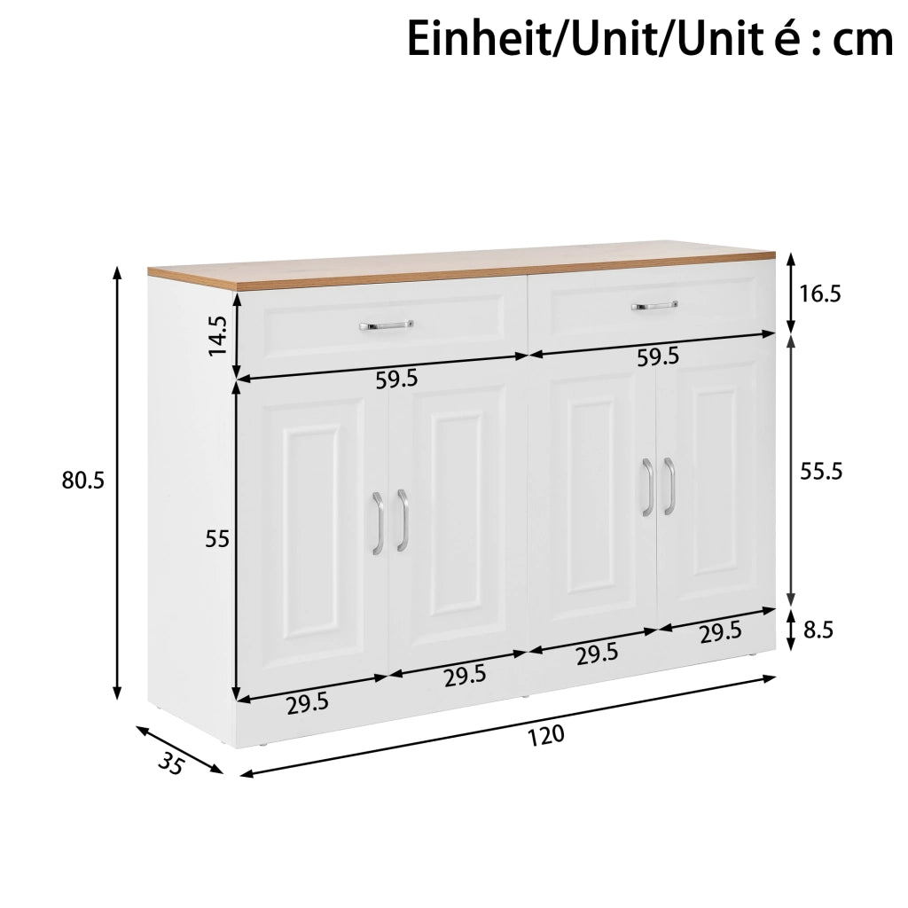 OKWISH Credenza con 4 ante e 2 cassetti, ripiani regolabili e dispositivo antiribaltamento, 120 x 35 x 80.5 cm