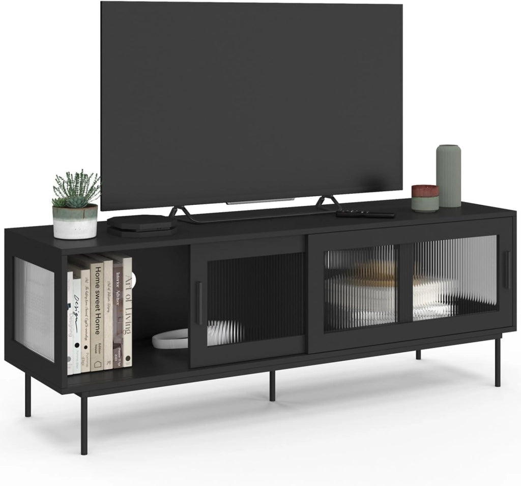 Mobile TV ZINEB 140 cm, 2 ante scorrevoli in vetro, frontale nero scanalato