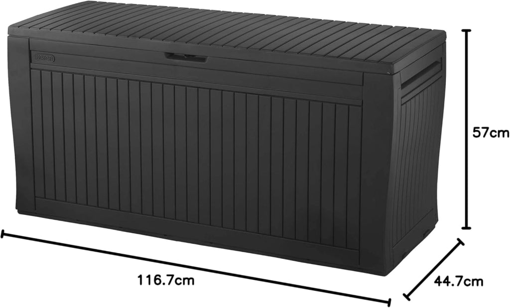 Cassapanca da Esterno Comfy 270 L in Resina Effetto Legno Colore Grafite con Ruote e Chiusura