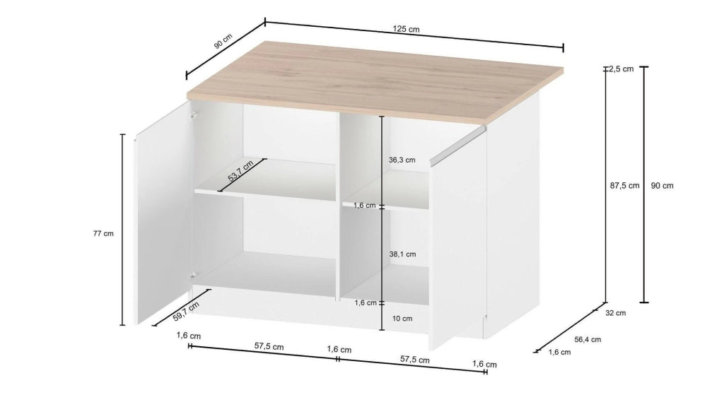 Isola da cucina Analiza, Mobile da cucina a 2 ante, Tavolo ausiliario portaoggetti, 100% Made in Italy, 125x90h90 cm, Bianco lucido e Ardesia