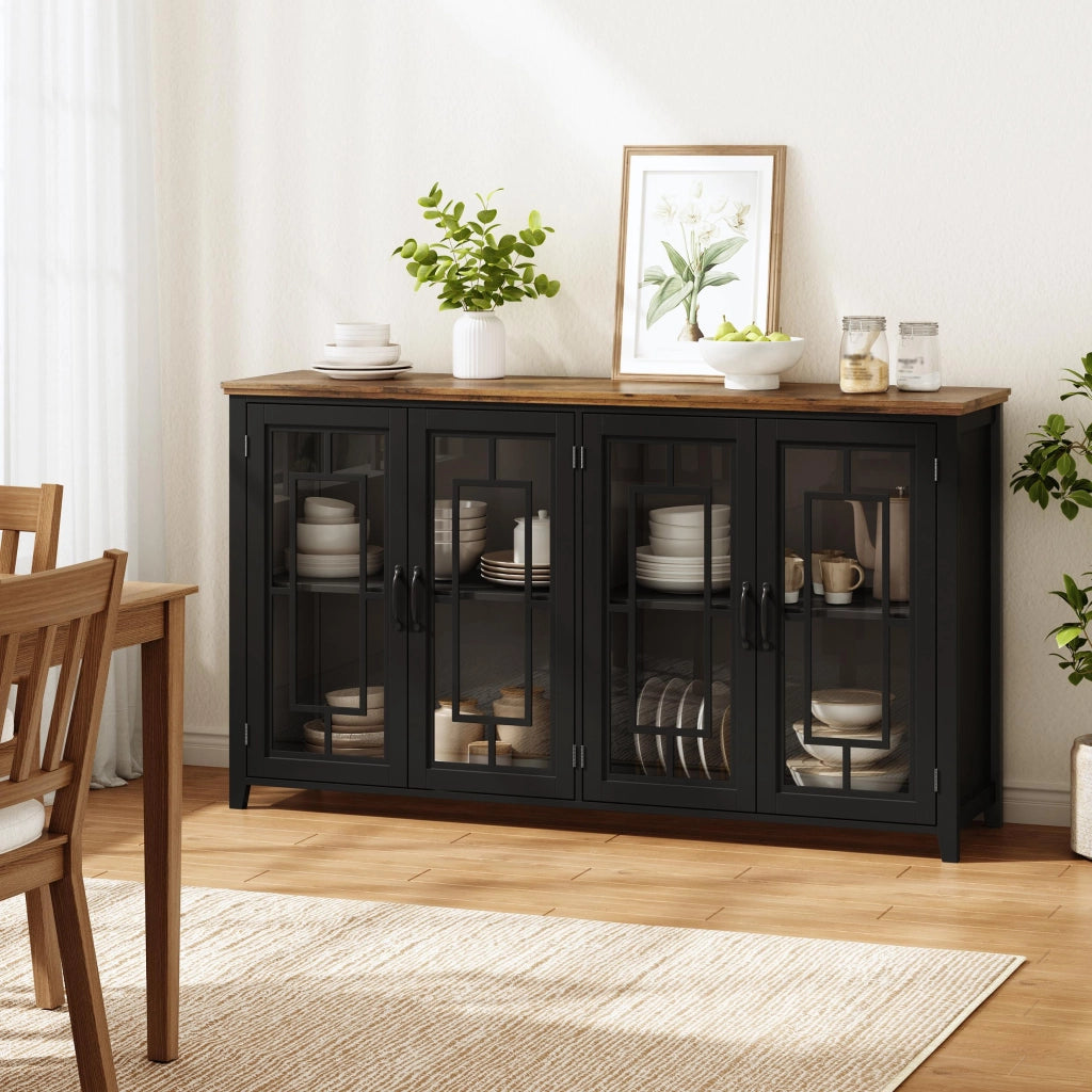 Credenza e madia con ante in vetro e 2 vani, piano effetto legno, per cucina e soggiorno, nero 160 × 40 × 86 cm