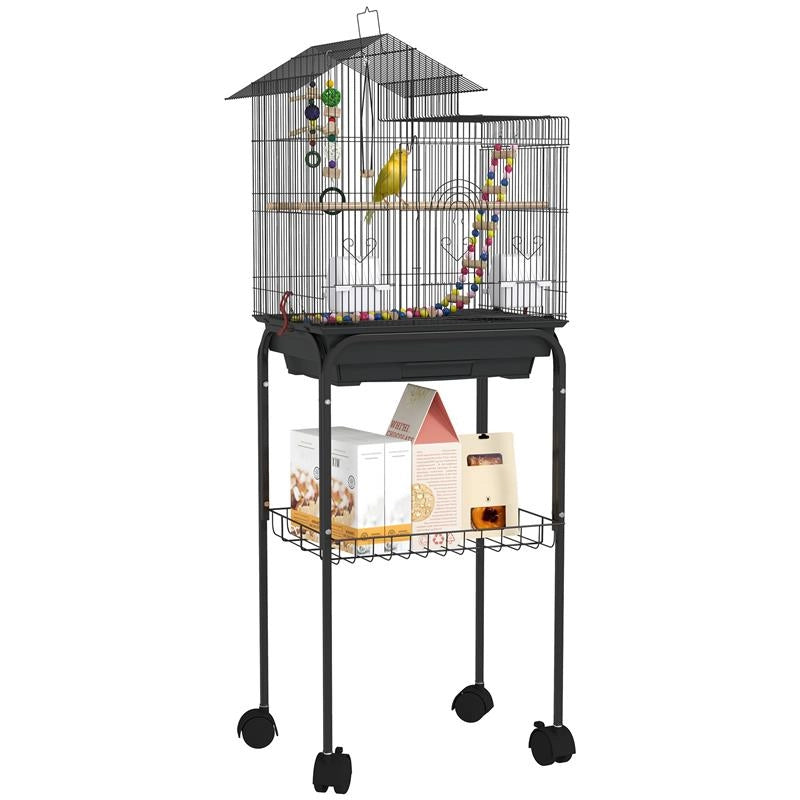 GABBIA PER UCCELLI CON PIEDISTALLO RUOTE GIREVOLI RIPIANO E ACCESSORI 46X36X120 CM NERO