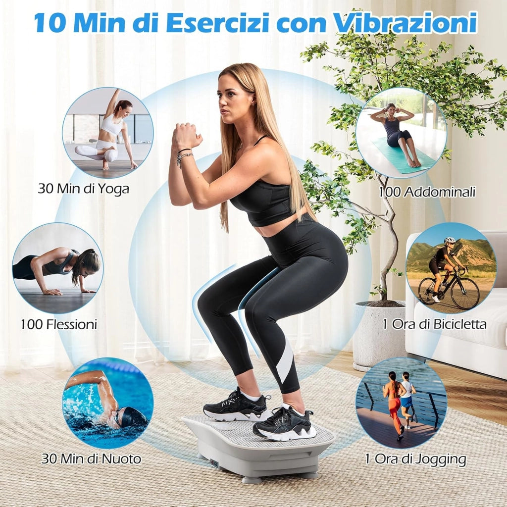 Pedana Vibrante Dimagrante, Piastra Vibrante con 10 Livelli di Vibrazione e Timer, Schermo, Telecomando, Superficie Antiscivolo e 4 Ventose, Allenamento Modellamento Muscolare