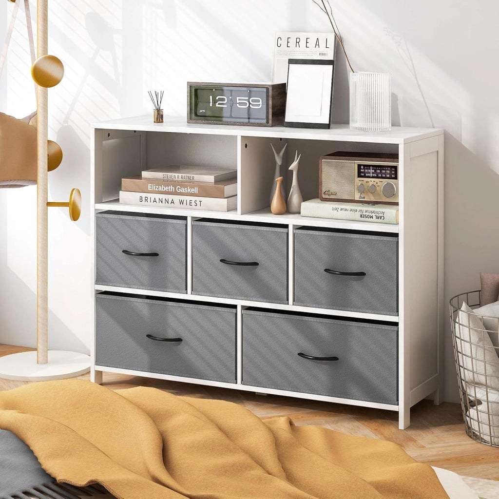 Cassettiera in Tessuto, Cassettiera con 5 Cassetti e 2 Ripiani Aperti, con Contenitori in Tessuto e Ampio Piano, per Camere da letto, Soggiorno e Ingresso, 100 x 30 x 78 cm