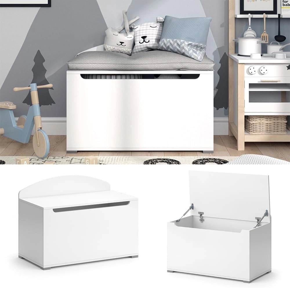 Cassapanca per giocattoli Arno, Bianco, 85 x 63.7 cm con coperchio, utilizzabile come soluzione di conservazione per giocattoli e accessori