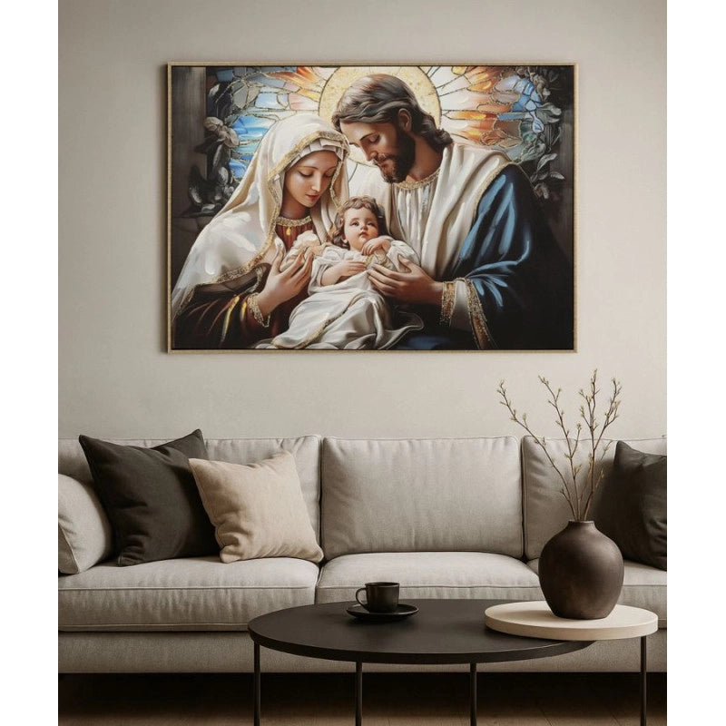Stampa Dipinta Su Tela Laccata Nativita' Con Cornice cm 102x4x72