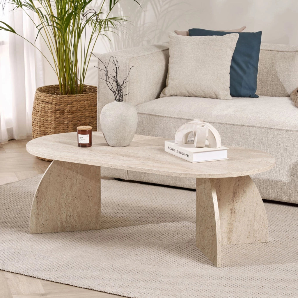 Nohaza, Tavolino da Salotto Forma Ovale, 120x60x40h cm Bianco Marmo