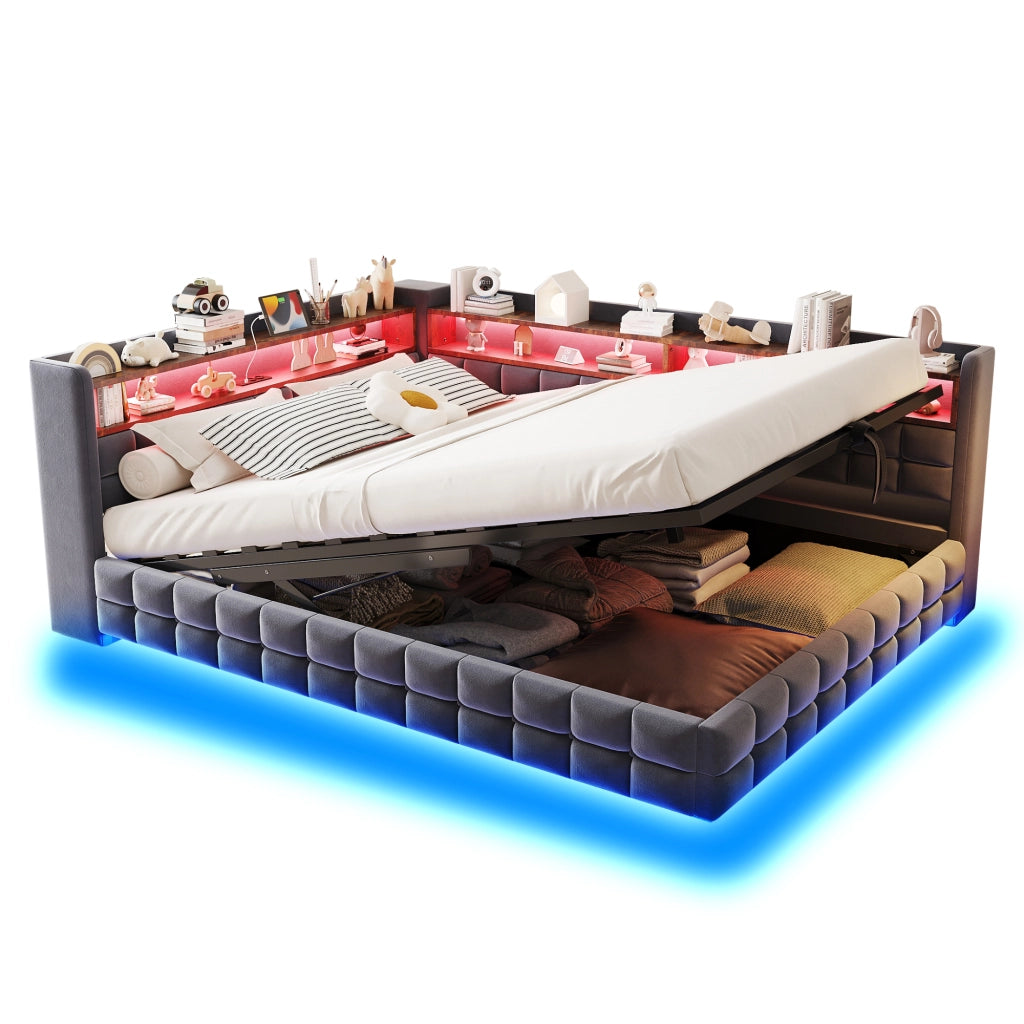 OKWISH Letto con Contenitore 140×200 cm, Letto Matrimoniale con LED, USB, Tipo C e Mensole, senza Materasso, Imbottito, Grigio