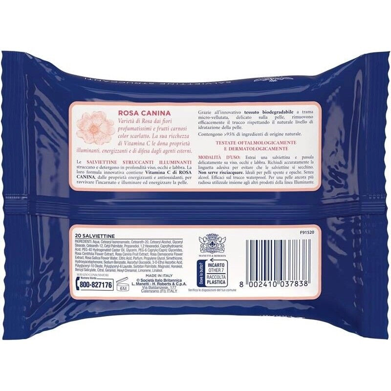 ACQUA ALLE ROSE SET 6 PACCHI DI SALVIETTINE STRUCCANTI ILLUMINANTI VITAMINA C DI ROSA CANINA VISO OCCHI E LABBRA 120 SALVIETTE
